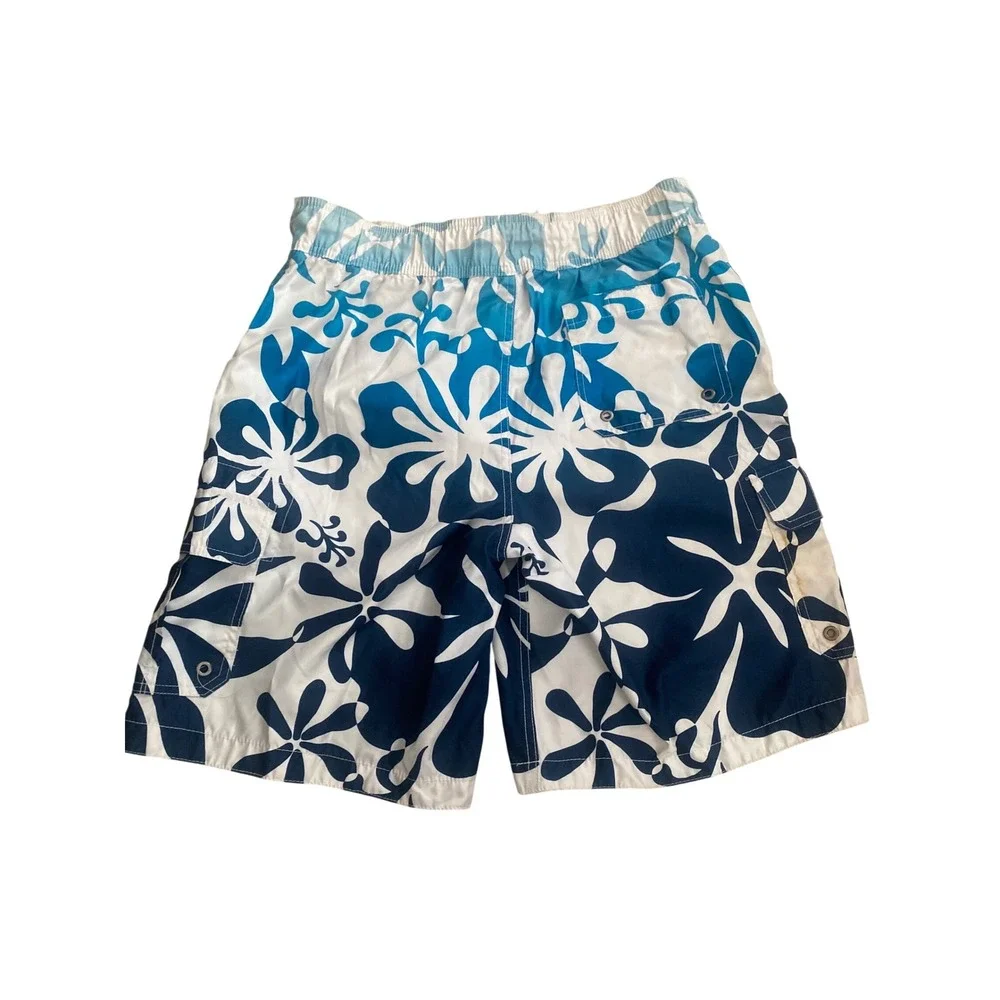 Merona Mens Blue White Hibiscus Floral Board Shorts Swim Trunks Size M Cargo